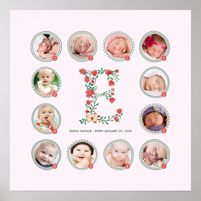 Personalized E Name First Year Collage Keepsake Poster (Front)
