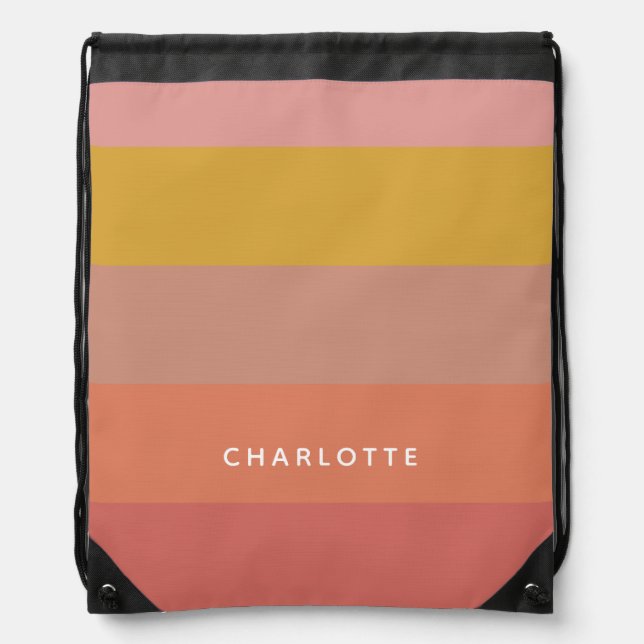 Personalized Earthy Orange Yellow Stripes Modern  Drawstring Bag (Front)