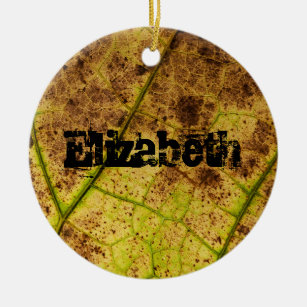 Personalized Earthy Yellow and Brown Leaf Macro Ceramic Ornament