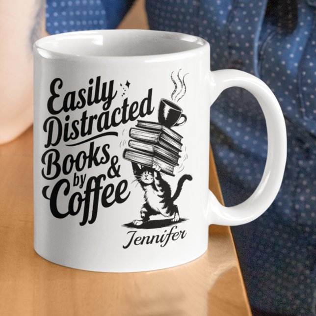 Personalized Easily Distracted By Books & Coffee Mug (Bookworms coffee mug with a cat )