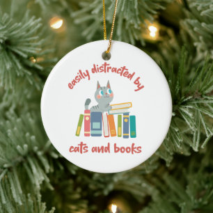 Personalized Easily Distracted by Cats and Books Ceramic Ornament