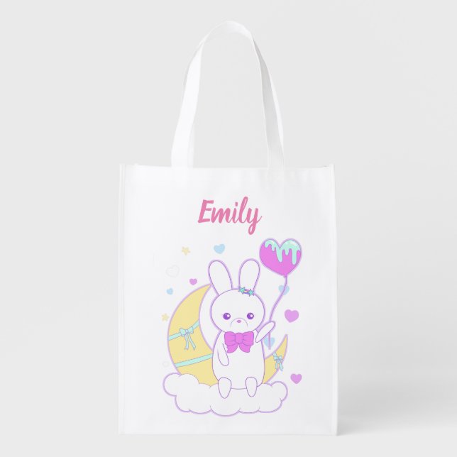 Personalized Easter Basket Custom Name Bunny Grocery Bag (Front)