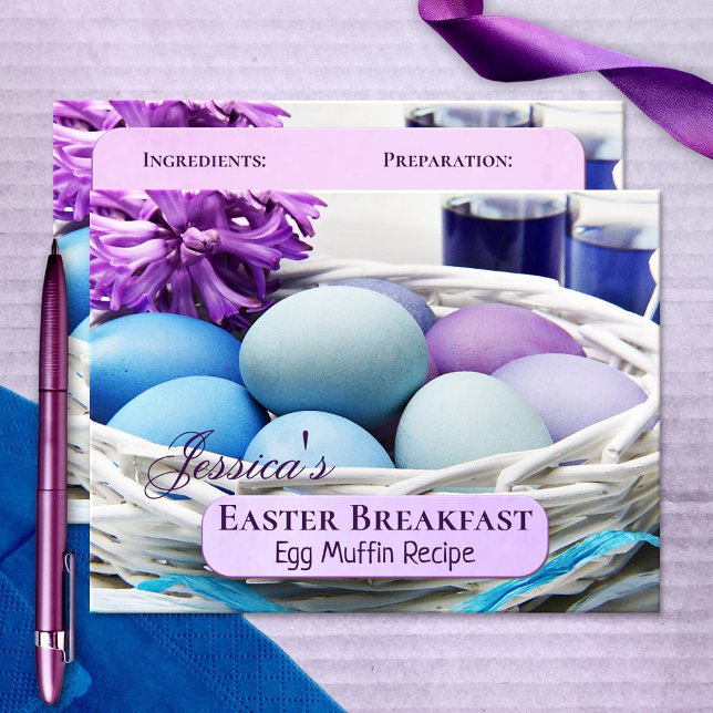 Personalized Easter Breakfast Recipe Template Postcard (Easter breakfast or brunch recipe postcard with an image of painted eggs in festive purple and blue)