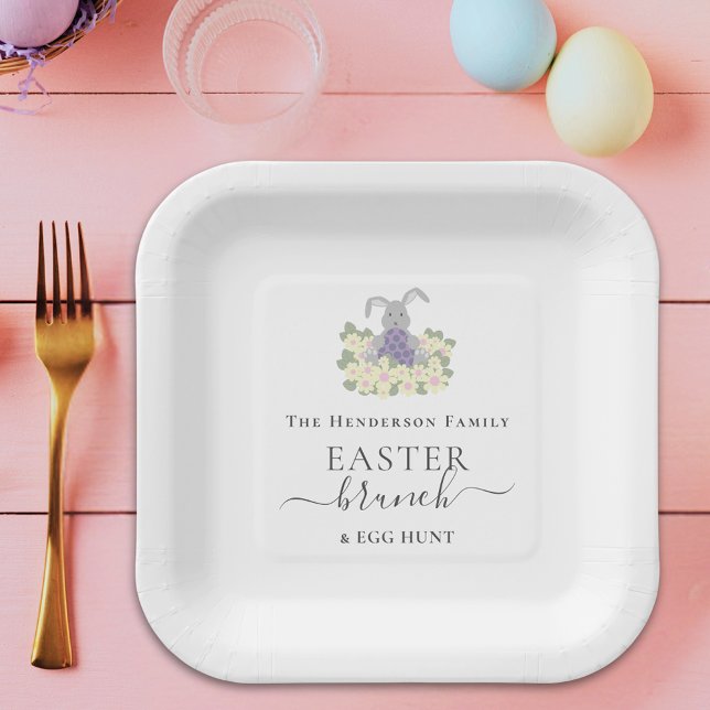 Personalized Easter Brunch and Egg Hunt  Paper Plates (Personalized Easter brunch and bunny egg hunt spring party paper plates Elegant whimsical script)