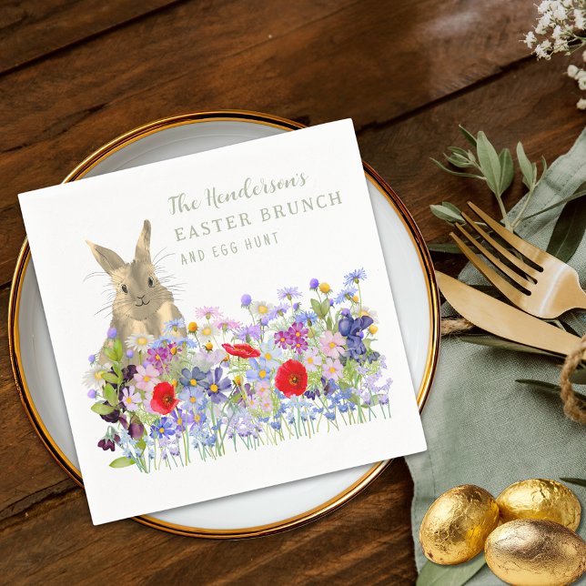 Personalized Easter Brunch Egg Hunt Bunny Floral Napkins (Personalized easter egg hunt spring brunch cute bunny floral sage green script party napkin)