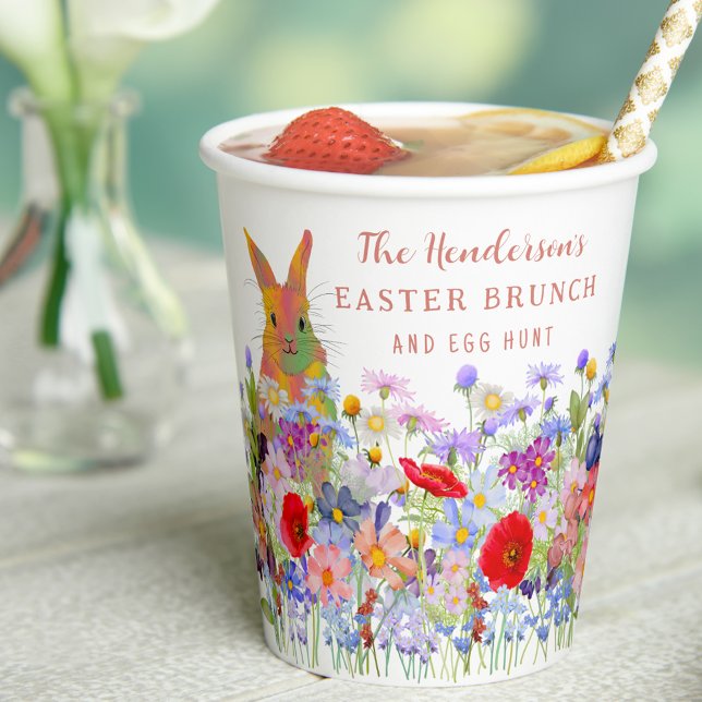 Personalized Easter Brunch Egg Hunt Bunny Floral Paper Cups (Personalized Easter brunch egg hunt cute bunny spring floral party paper cups Watercolor wildflowers)