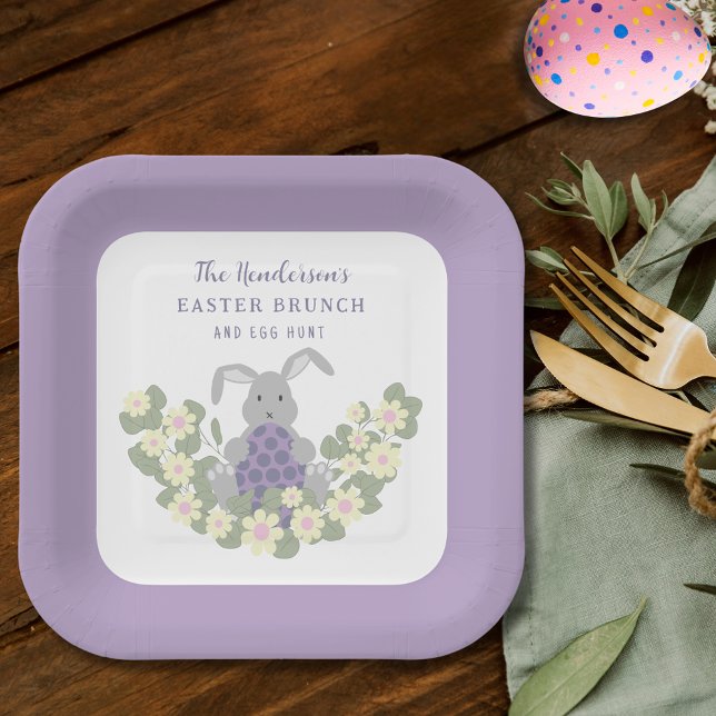 Personalized Easter Brunch Egg Hunt Bunny Floral Paper Plates (Personalized Easter brunch and egg hunt cute bunny party purple paper plates)