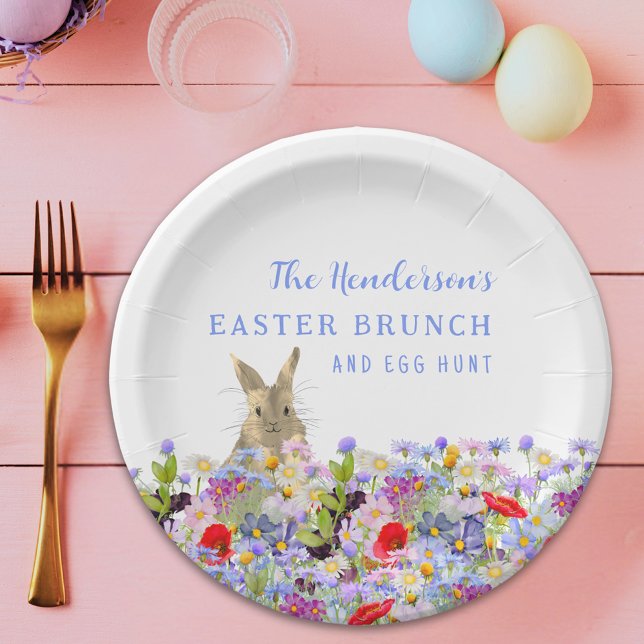 Personalized Easter Brunch Egg Hunt Bunny Floral Paper Plates (Personalized easter egg hunt spring brunch cute bunny wildflower floral paper plate)