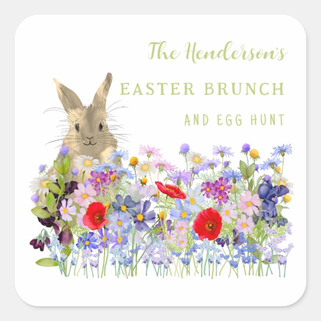 Personalized Easter Brunch Egg Hunt Bunny Floral Square Sticker (Front)