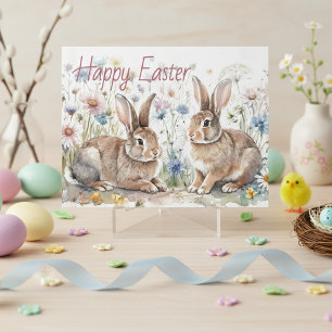 Personalized Easter Bunnies And Floral Watercolor Holiday Card