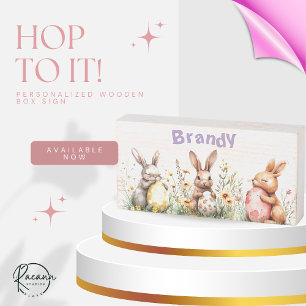 Personalized Easter Bunnies & Decorated Eggs Wooden Box Sign