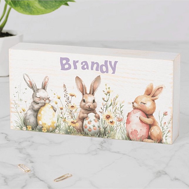 Personalized Easter Bunnies & Decorated Eggs Wooden Box Sign (Creator Uploaded)
