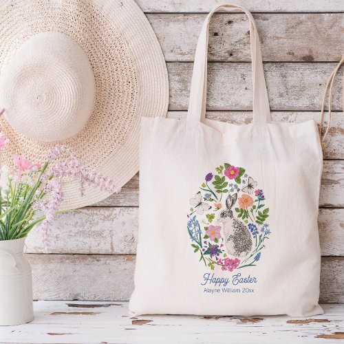Personalized Easter Bunny and Flower Tote Bag