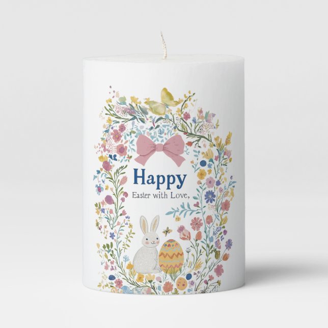 Personalized Easter Bunny, Egg, and Wreath Pillar Candle (Front)