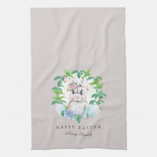 Personalized Easter Bunny Floral Wreath Kitchen Towel