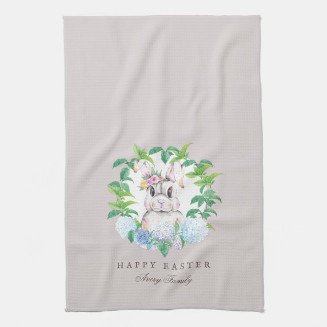 Personalized Easter Bunny Floral Wreath Kitchen Towel (Vertical)