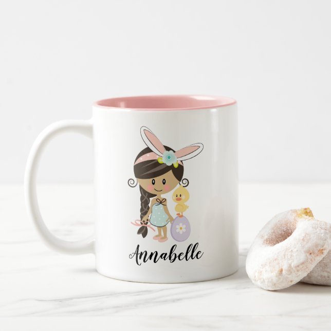 Personalized Easter Bunny Girl Mug Dark Skin Hair (With Donut)