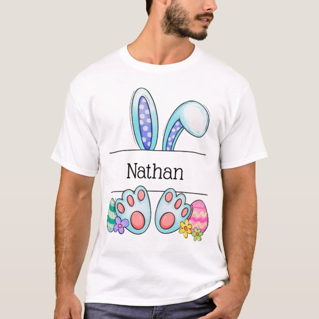 Personalized Easter Bunny Name Pastel Art blue T-Shirt (Front)