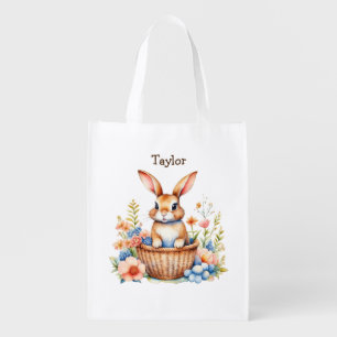 Personalized Easter Bunny Sitting in Basket Grocery Bag