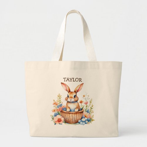 Personalized Easter Bunny Sitting in Basket Large Tote Bag
