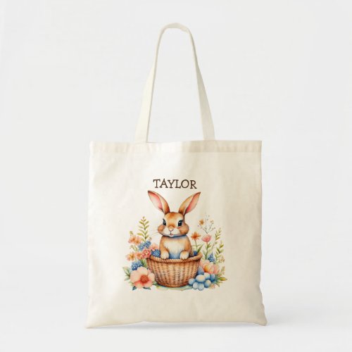 Personalized Easter Bunny Sitting in Basket Tote Bag