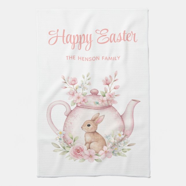 Personalized Easter Bunny Teapot Family  Kitchen Towel (Vertical)