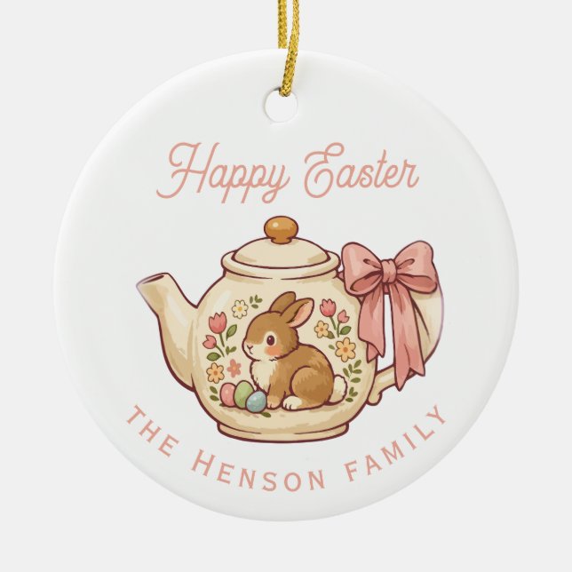 Personalized Easter Bunny Teapot Floral Party Ceramic Ornament (Front)