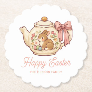 Personalized Easter Bunny Teapot Floral Party Paper Coaster