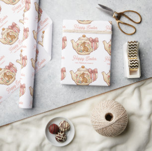 Personalized Easter Bunny Teapot Floral Wrapping Paper