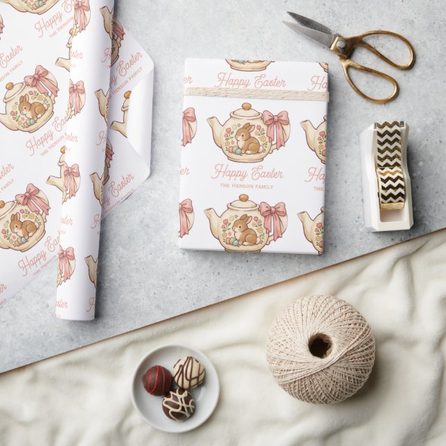 Personalized Easter Bunny Teapot Floral  Wrapping Paper (Crafts)