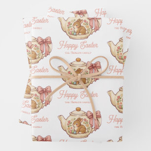 Personalized Easter Bunny Teapot Floral Wrapping Paper Sheets