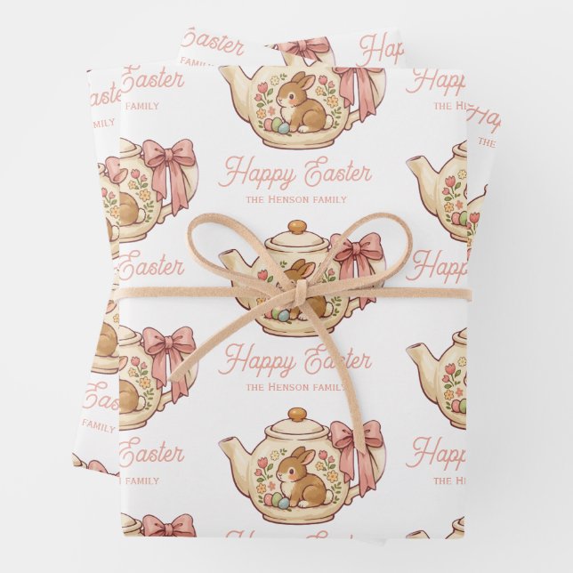 Personalized Easter Bunny Teapot Floral  Wrapping Paper Sheets (In situ)