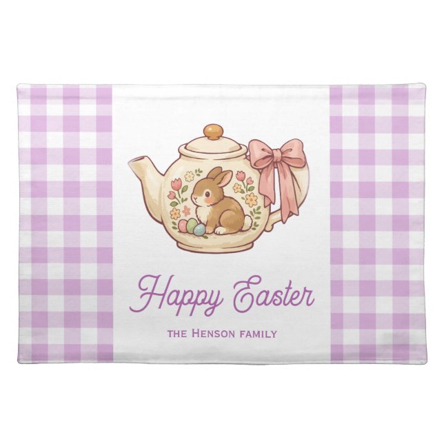 Personalized Easter Bunny Teapot Gingham Family Cloth Placemat (Front)