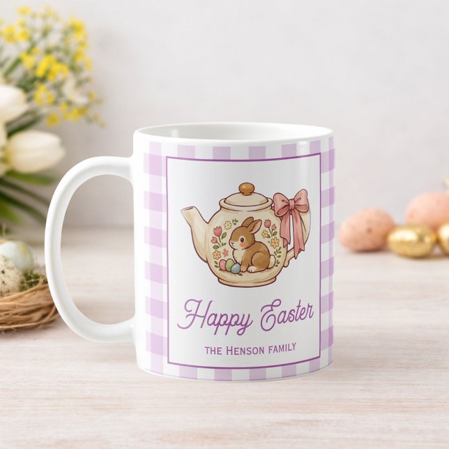 Personalized Easter Bunny Teapot Gingham Family Coffee Mug (Creator Uploaded)