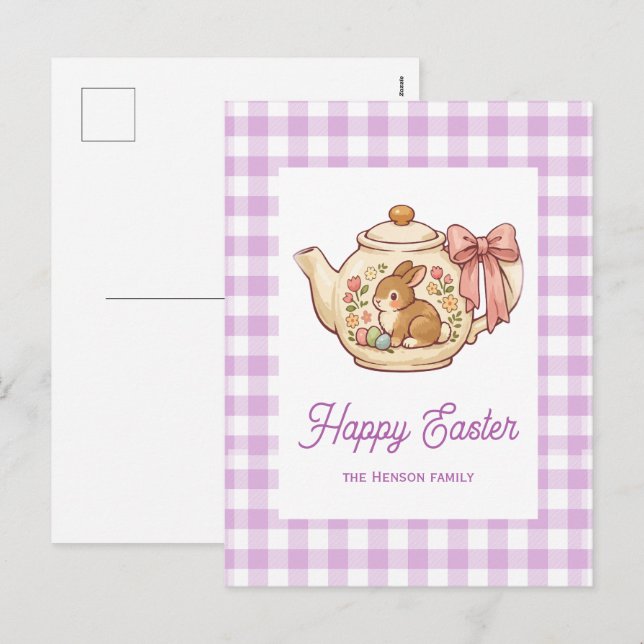 Personalized Easter Bunny Teapot Gingham Family Holiday Postcard (Front/Back)