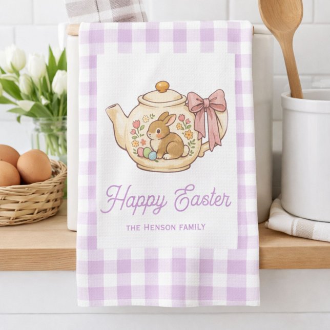 Personalized Easter Bunny Teapot Gingham Family Kitchen Towel (Creator Uploaded)