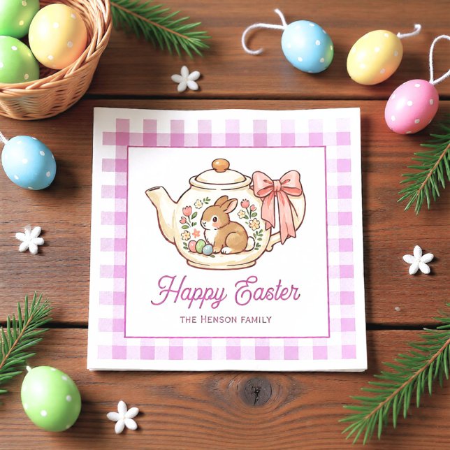 Personalized Easter Bunny Teapot Gingham Family Napkins (Creator Uploaded)
