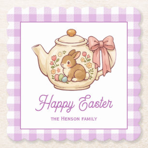 Personalized Easter Bunny Teapot Gingham Family Paper Coaster