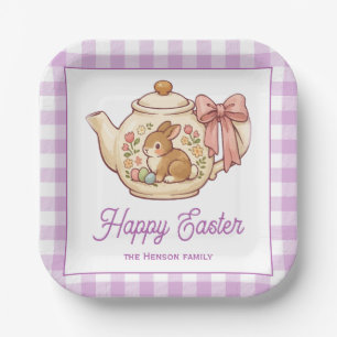 Personalized Easter Bunny Teapot Gingham Family Paper Plates