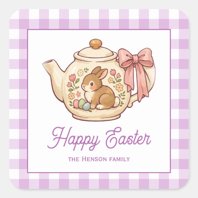 Personalized Easter Bunny Teapot Gingham Family Square Sticker (Front)