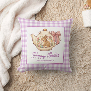 Personalized Easter Bunny Teapot Gingham Family Throw Pillow