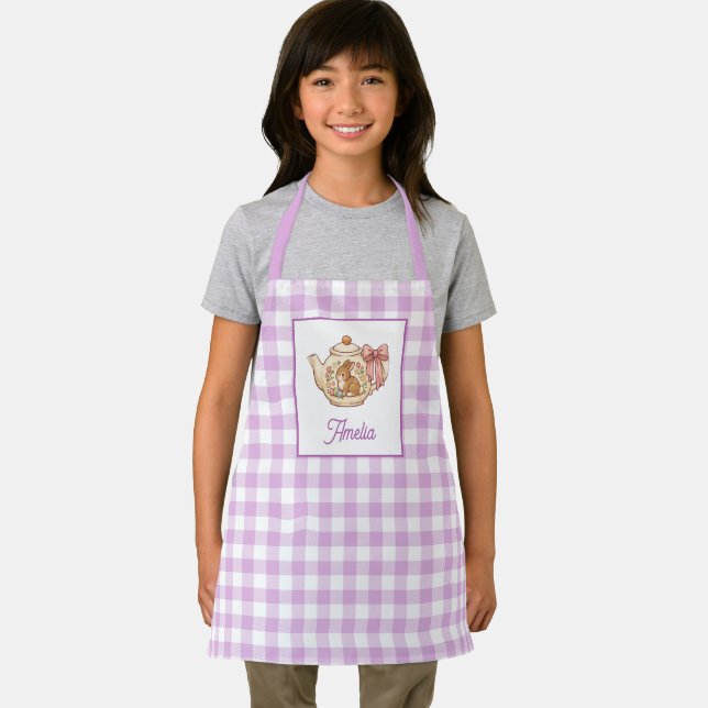Personalized Easter Bunny Teapot Gingham Name Apron (Insitu)