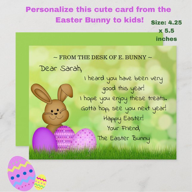 Personalized Easter Bunny to Kids Cute Fun Flat SM Holiday Card (Add magic to a child's Easter with this cute personalized "From the Easter Bunny" card!)