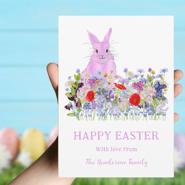 Personalized Easter Bunny Watercolor Wildflower Holiday Card (Happy Easter pink bunny and colorful wildflowers personalized flat holiday card)