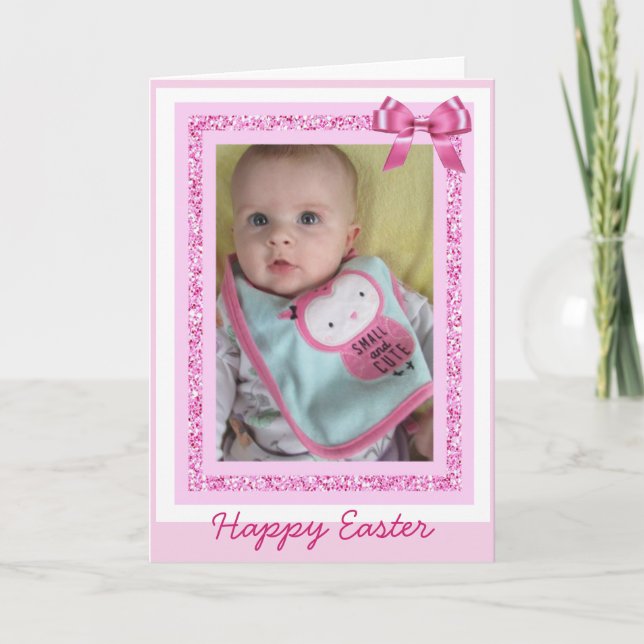 Personalized Easter Card, Add Baby Photo Cute Pink Holiday Card (Front)