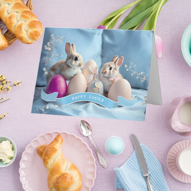 Personalized Easter Card Two Rabbits & Easter Eggs (Creator Uploaded)