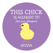 Personalized Easter Chick Allergy Alert Purple Classic Round Sticker