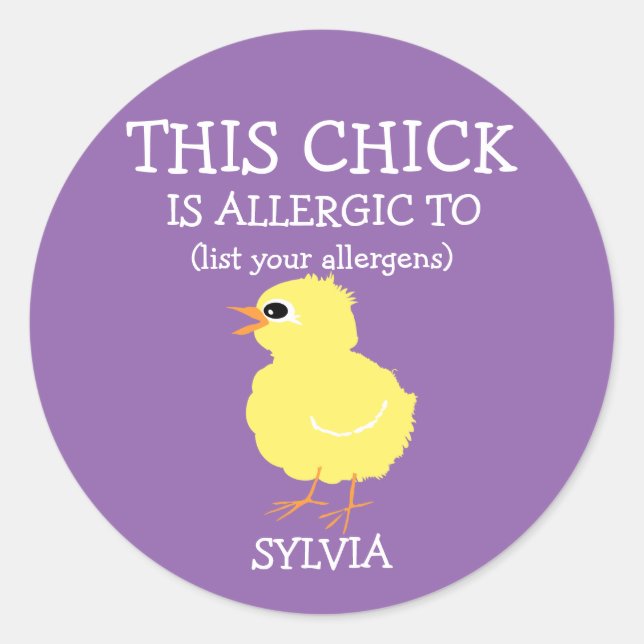 Personalized Easter Chick Allergy Alert Purple Classic Round Sticker (Front)