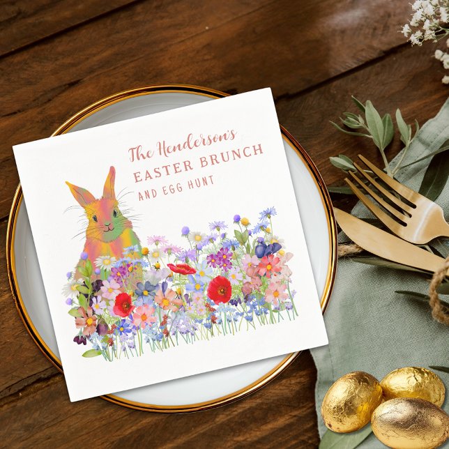 Personalized Easter Egg Hunt Brunch Bunny Floral Napkins (Personalized easter egg hunt spring brunch cute bunny floral terracotta orange script party napkin)