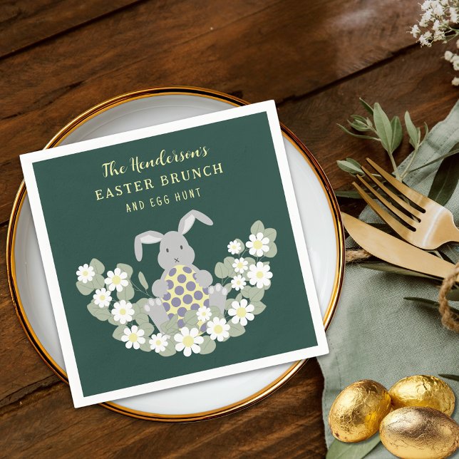 Personalized Easter Egg Hunt Brunch Bunny Floral Napkins (Personalized Easter egg hunt spring brunch cute bunny daisy floral green napkin )